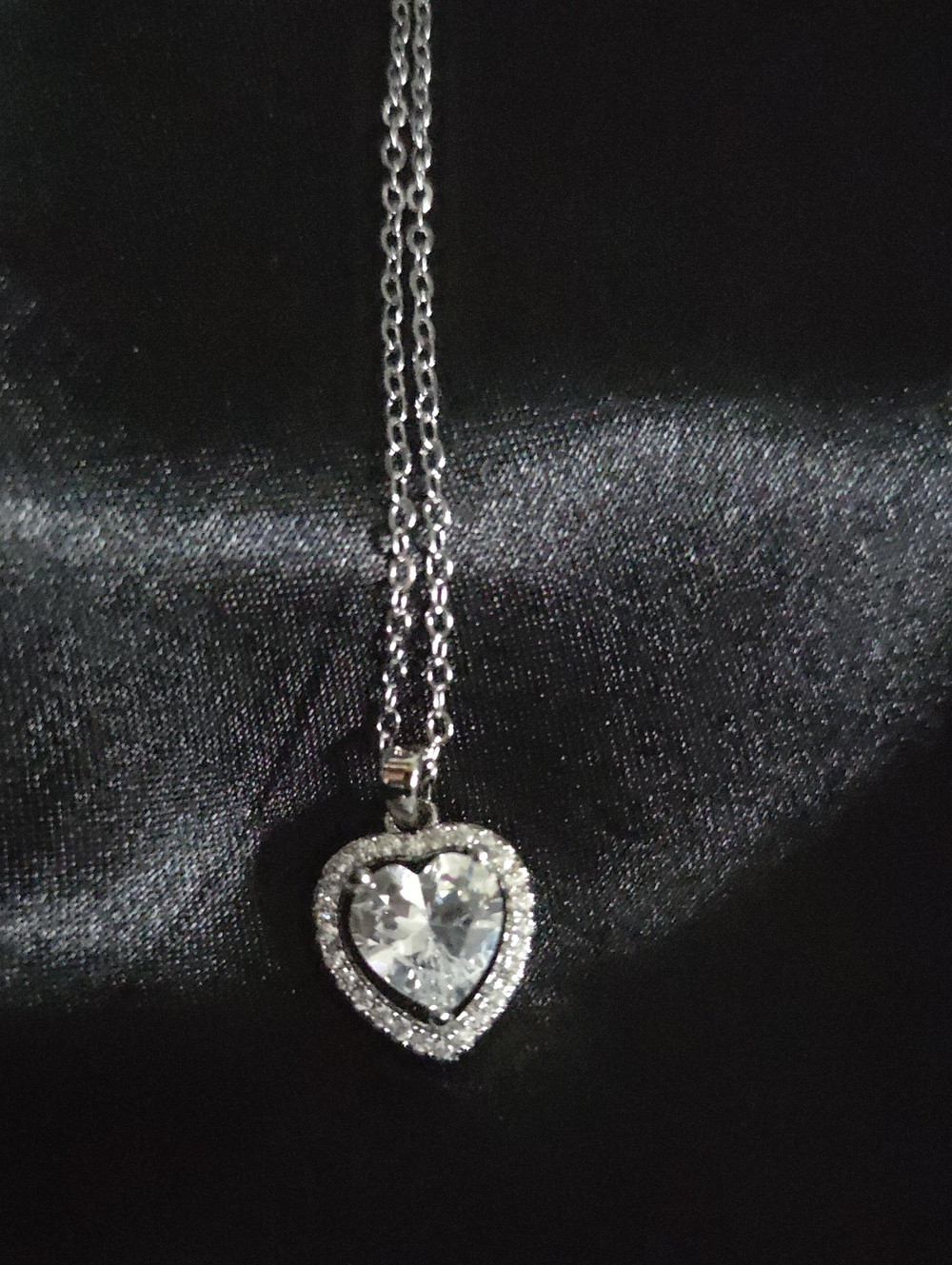 Silver Tone Heart Pendant Necklace with Clear Crystal Center